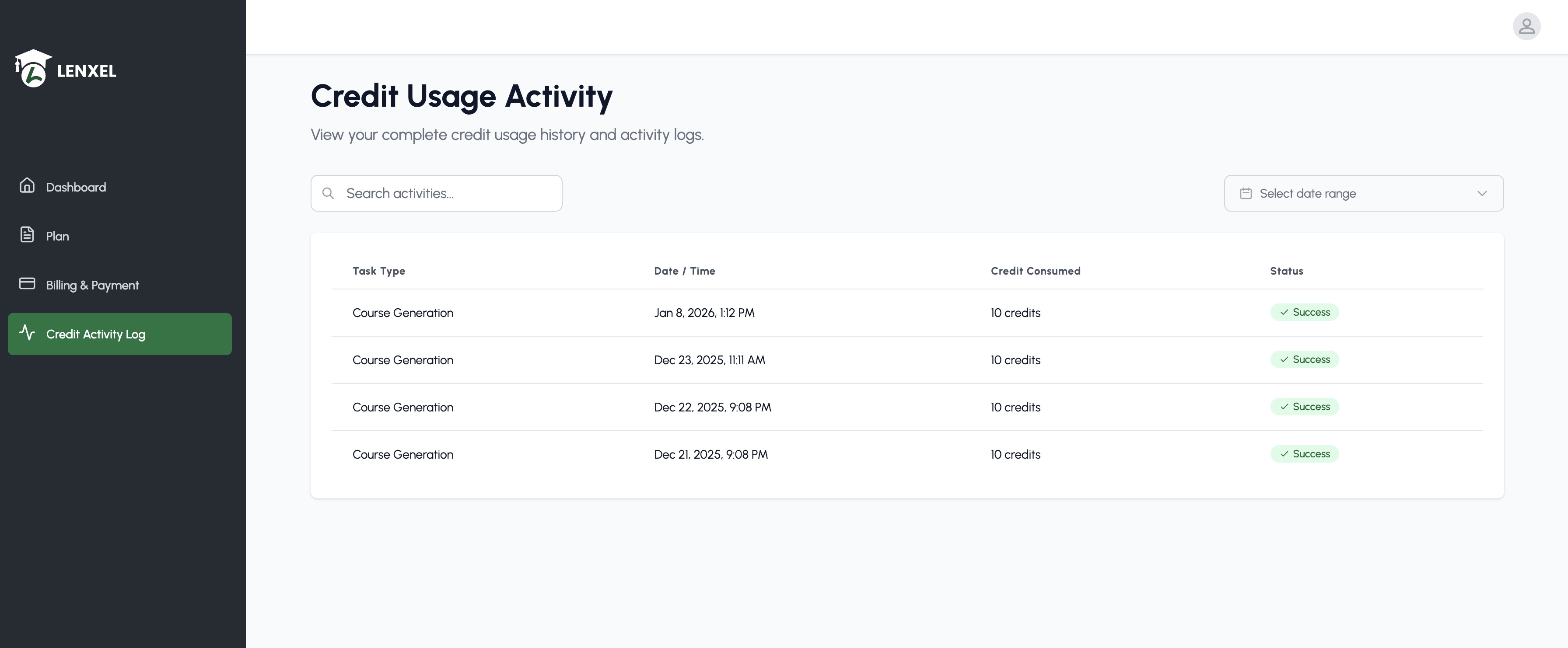 Credit Activity Log in Portal